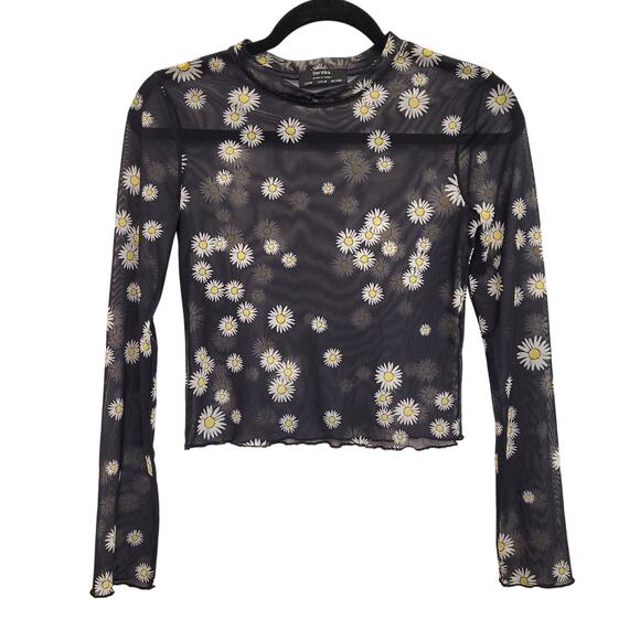 Sheer Daisy Mesh Top Size M Black White Long Sleeve Made in Turkey Bershka - Picture 1 of 7